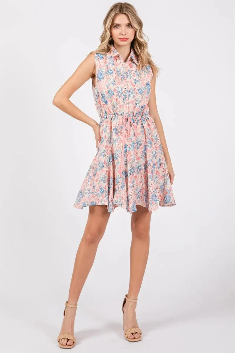 GeeGee Full Size Floral Eyelet Sleeveless Mini Dress for Summer - Love Salve